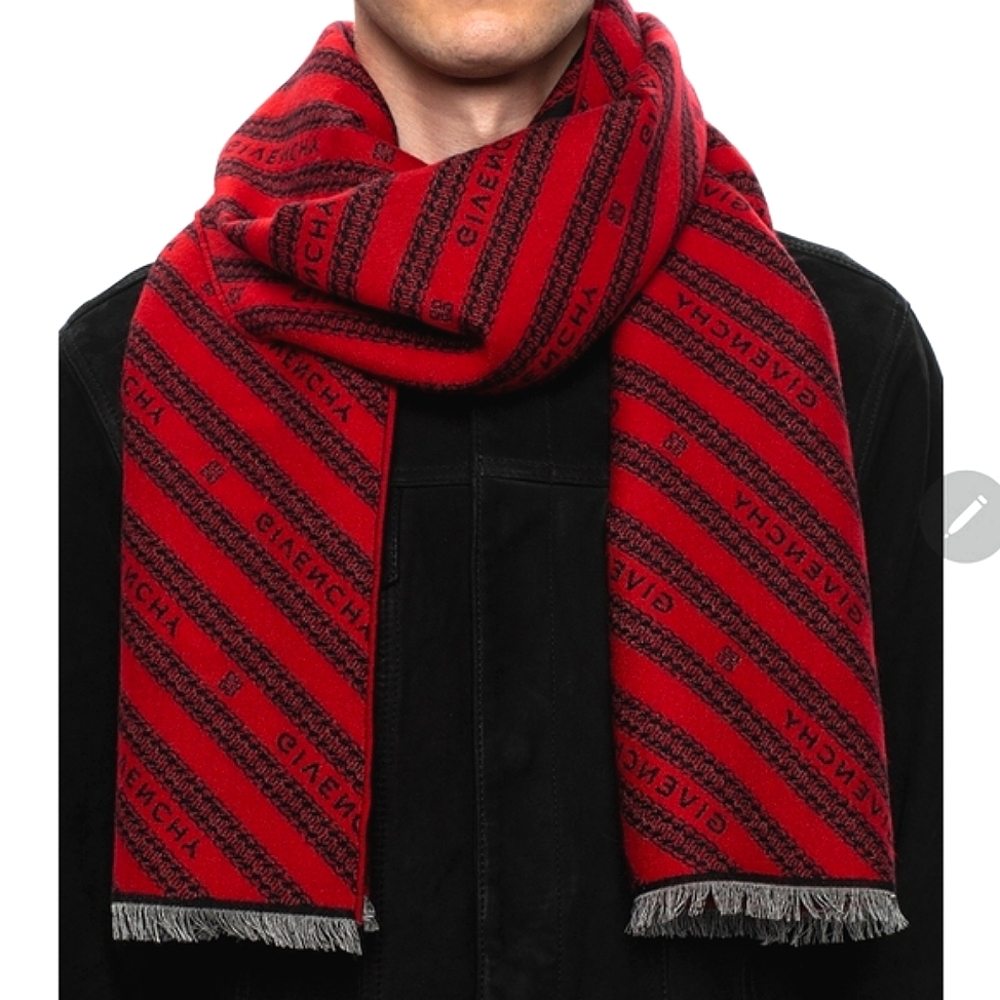 NWT$368 Givenchy 4G Wool and Silk Blend Logo Print Stripe Red Black Scarf Unisex